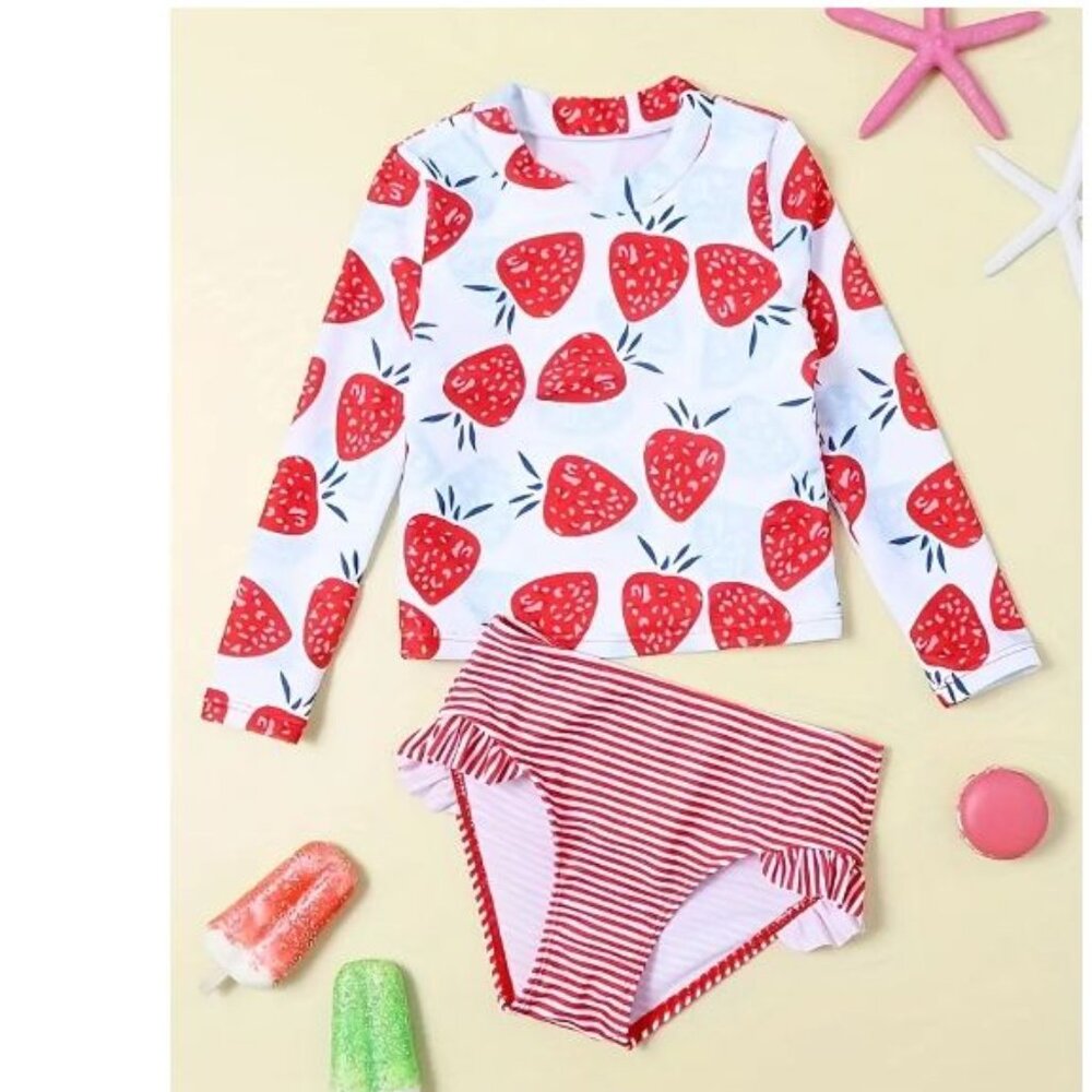 Girls Strawberry Long Sleeve Swimsuit Bathing Suit Tankini